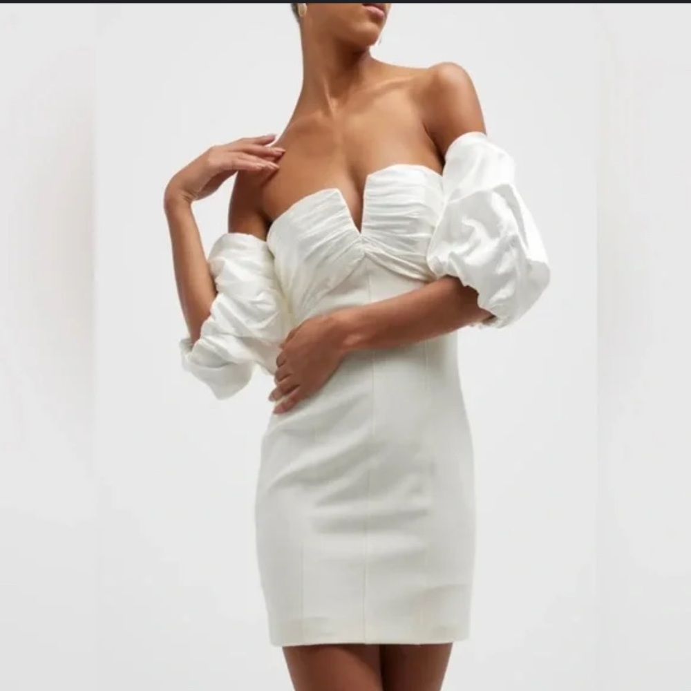 Cinq a Sept White Ruched Puff Sleeve Dress